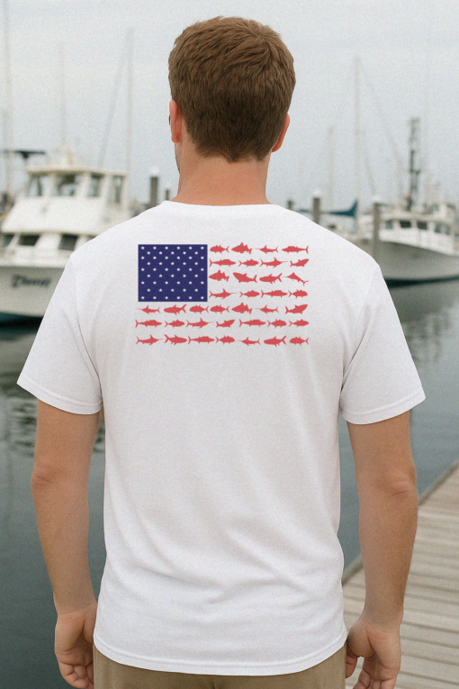 Patriotic Fishing Flag Shirt – American Fish Flag Tee with Wahoo, Tuna, Marlin – 4th of July Shirt – Memorial Day Shirt Printed in Florida - Image 3