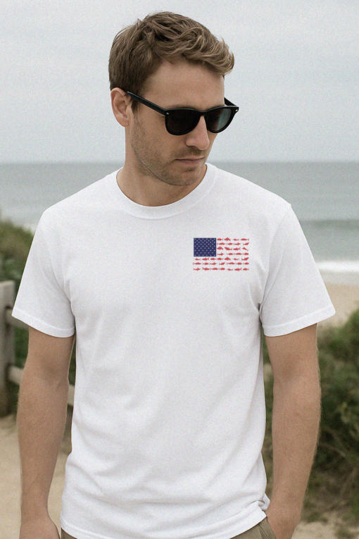 Patriotic Fishing Flag Shirt – American Fish Flag Tee with Wahoo, Tuna, Marlin – 4th of July Shirt – Memorial Day Shirt Printed in Florida - Image 2