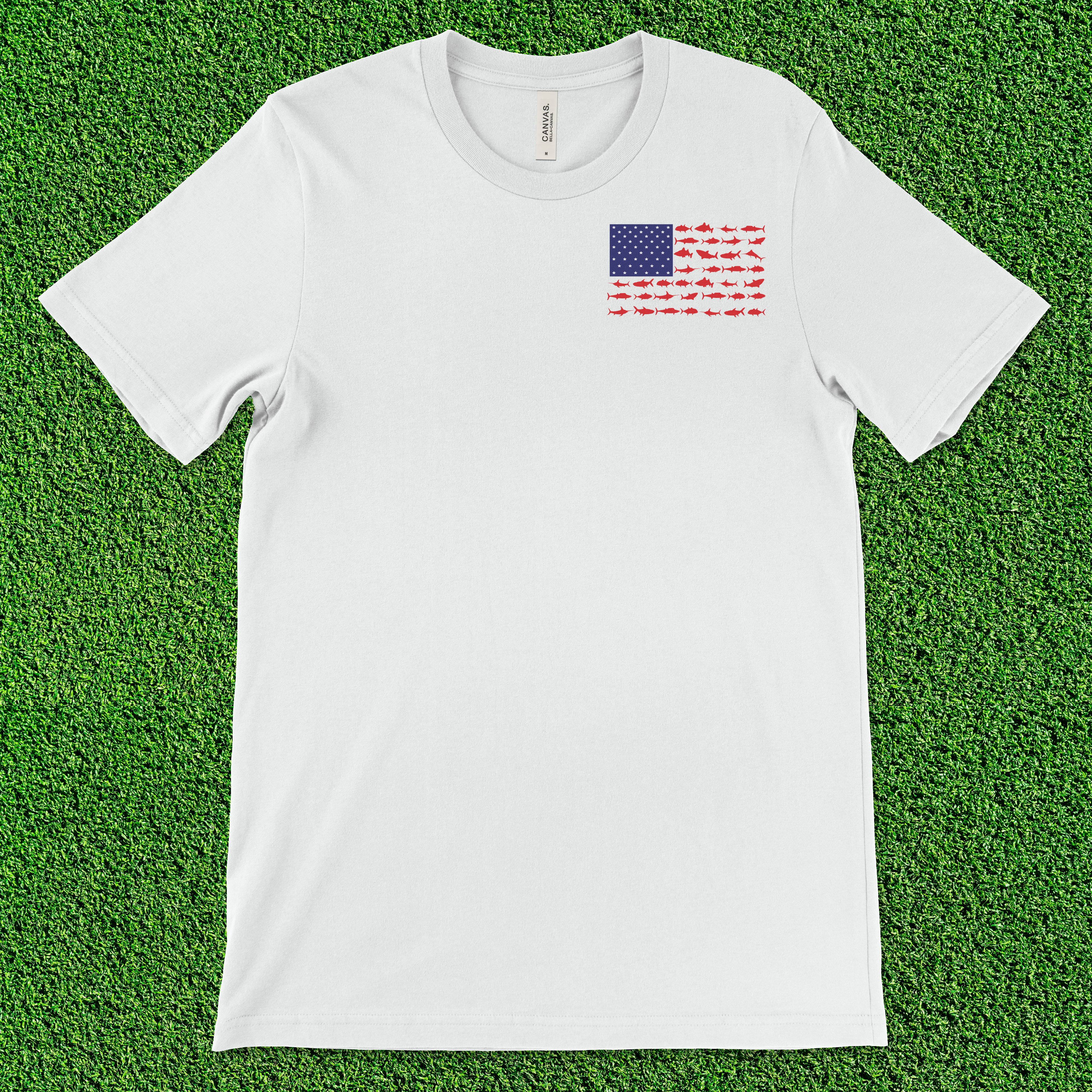 Patriotic Fishing Flag Shirt – American Fish Flag Tee with Wahoo, Tuna, Marlin – 4th of July Shirt – Memorial Day Shirt Printed in Florida
